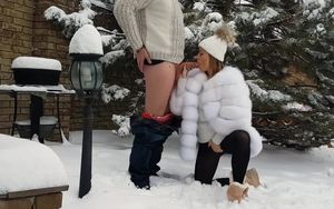 outdoor winter oral pleasure and jism on